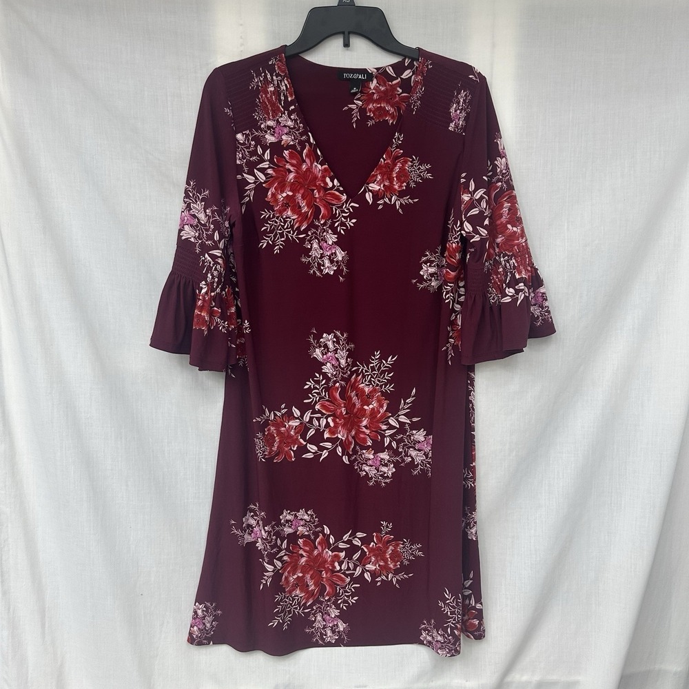 Roz And Ali Dress Womens Medium Midi Red Floral Print‎ V Neck Short Sleeve Flowy